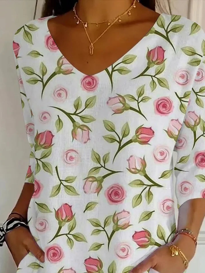 Women's Three Quarter Sleeve T-shirt Spring/Fall White Floral Printing V Neck Daily Going Out Casual Top
