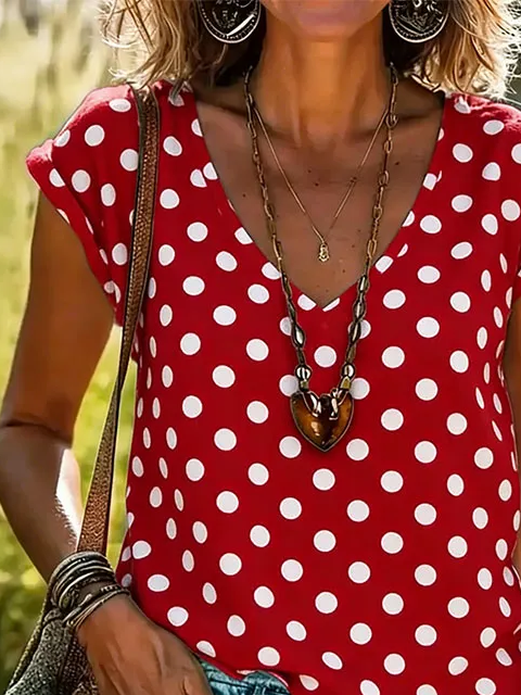 Women's Short Sleeve T-shirt Summer Red Polka Dots Printing V Neck Holiday Going Out Vintage Top