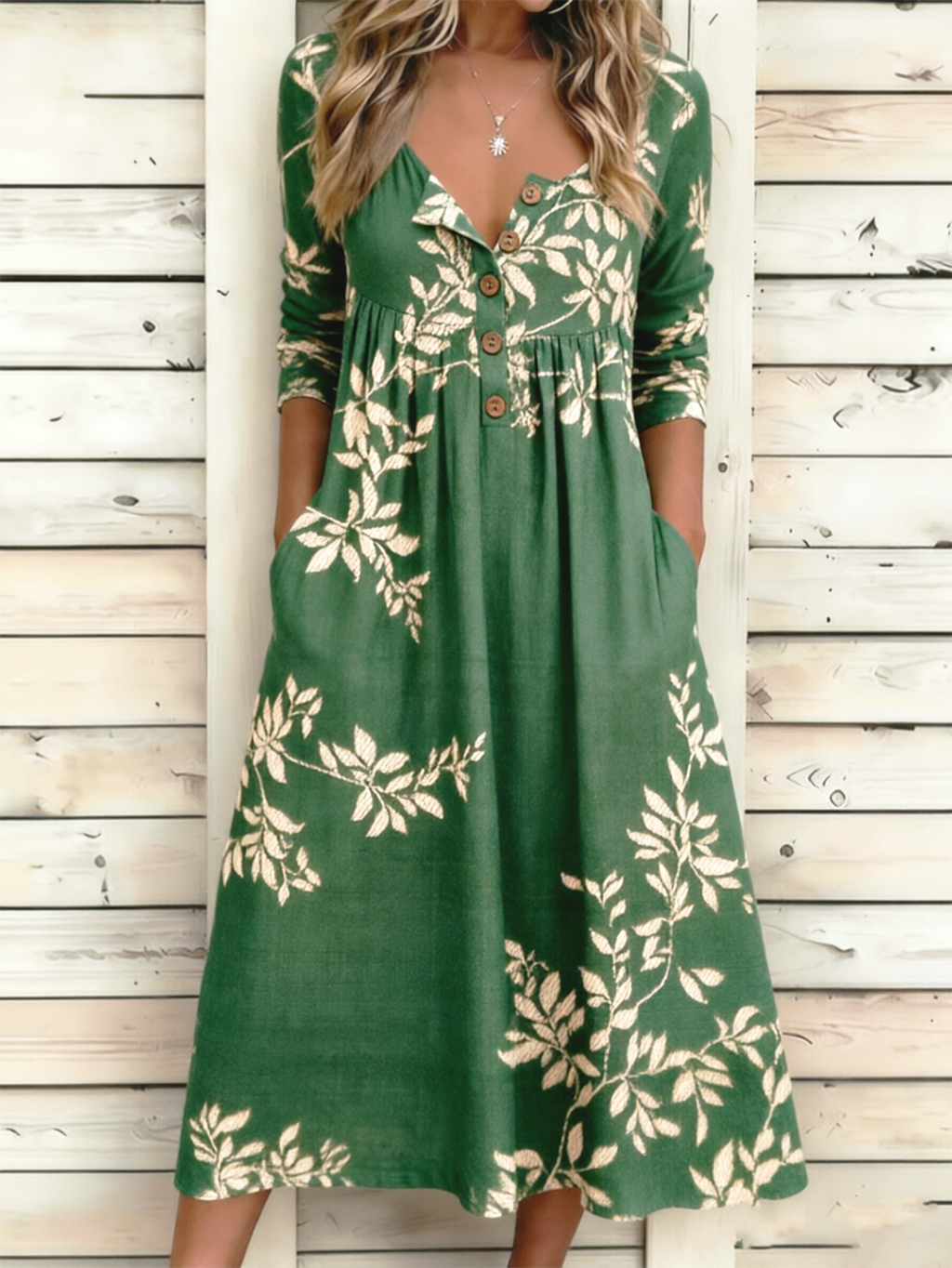 Green Leaf Print Button Down V-Neck 3/4 Sleeve Maxi Dress