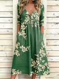 Green Leaf Print Button Down V-Neck 3/4 Sleeve Maxi Dress