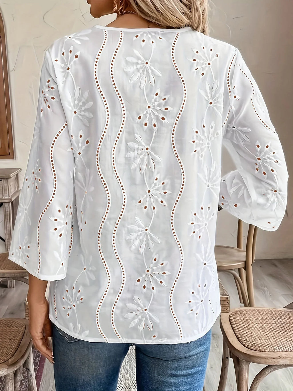 Casual Floral V Neck Three Quarter Sleeve Blouse
