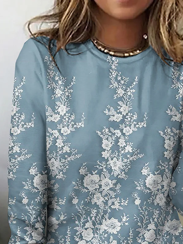 Women's Long Sleeve T-shirt Spring/Fall Blue Floral Printing Jersey Crew Neck Daily Going Out Casual Top