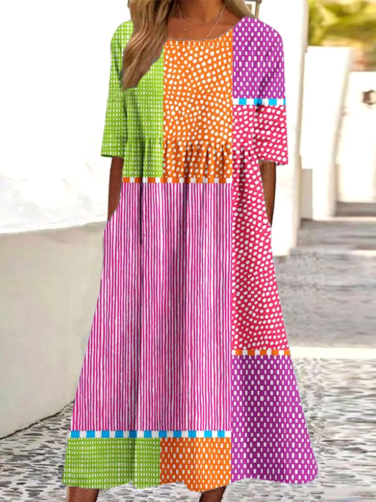 Crew Neck Cotton Casual Dress With No Belt