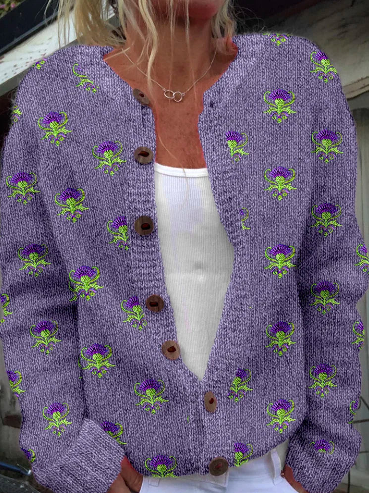 Women’s Casual Floral Spring/Fall Micro-Elastic Scottish Thistle Long Sleeve Cardigan