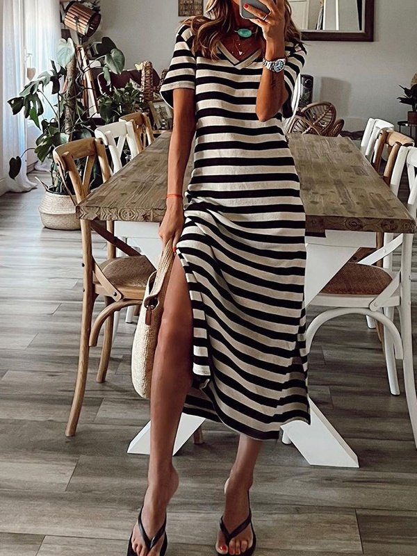Women's Short Sleeve Summer White Striped Split Joint V Neck Daily Going Out Casual Maxi A-Line T-Shirt Dress Dress