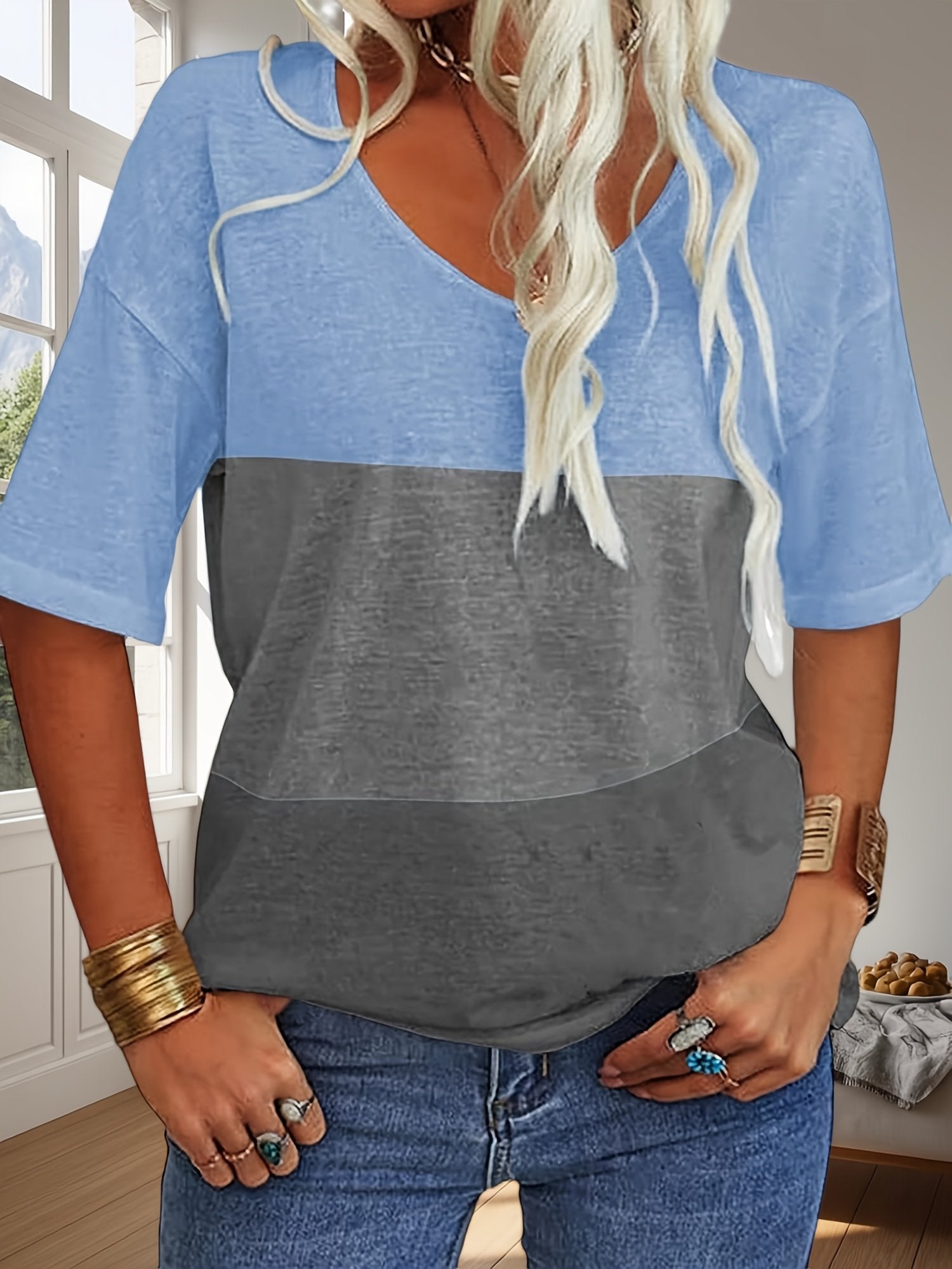 Striped Cotton V Neck Simple T-Shirt