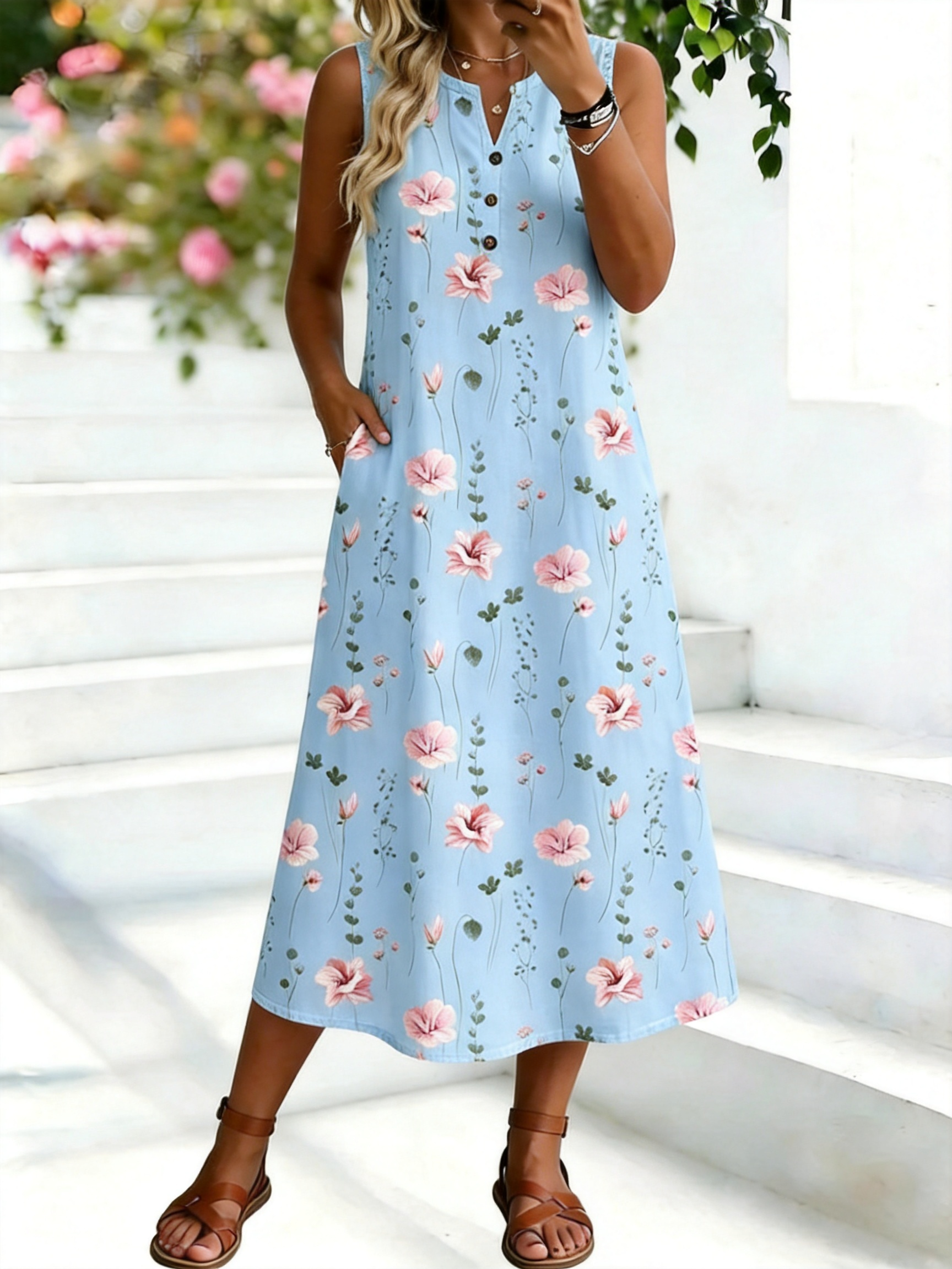 Loose Buckle Botanical Pattern Casual Dress With No