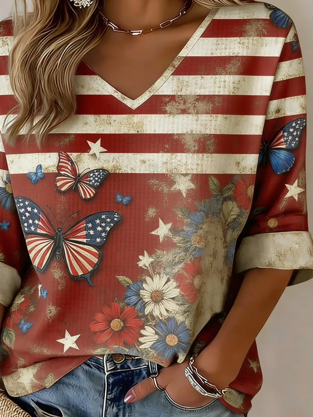 3D Printing V Neck America Flag Floral 250th Anniversary Butterfly Spring Summer Casual T-Shirt