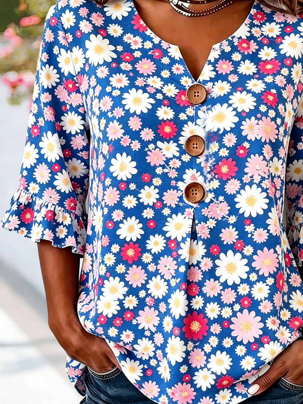 Women's Daisy Floral Half Sleeve Blouse Summer White Plain Peplum V Neck Button Daily Going Out Vintage Top