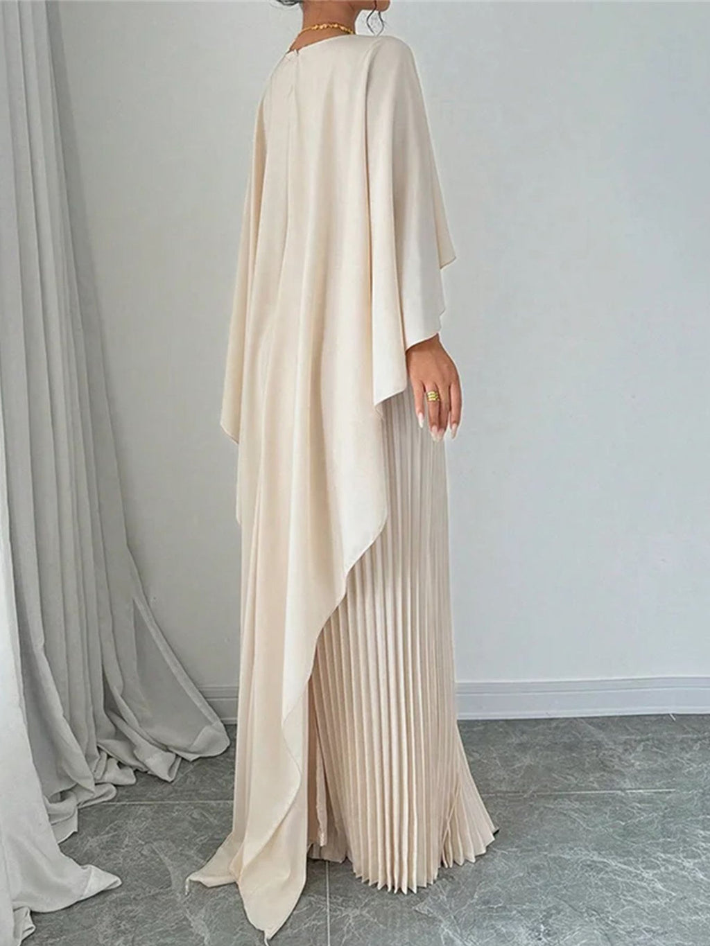 Plain Crew Neck batwing sleeve Pleated Elegant Maxi Dress