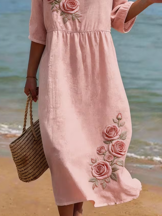 Women's Half Sleeve Summer Pink Floral Printing Crew Neck Daily Going Out Casual Maxi H-Line Dress
