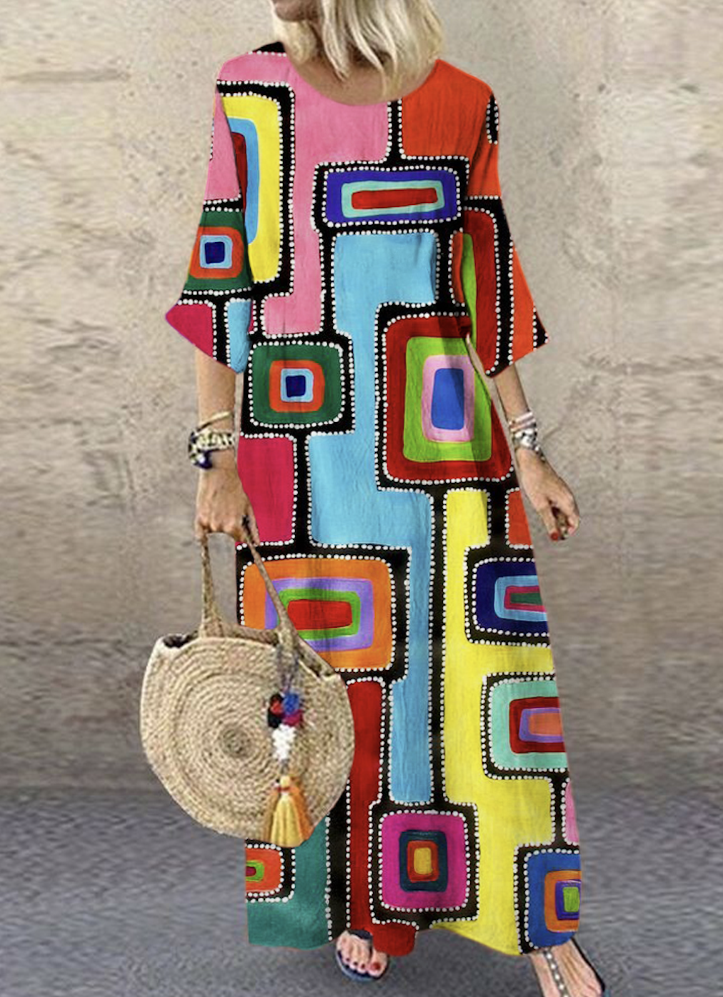 Crew Neck Regular Fit Vintage Cotton Dress With No Belt