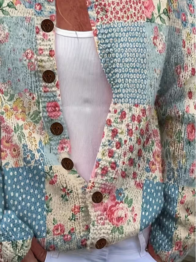 Women's Floral Print Crew Neck Button Cardigan