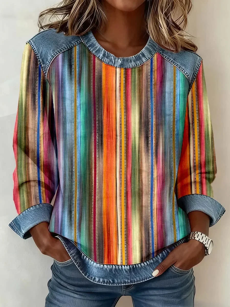 Women's Abstract Print Patchwork Denim Crewneck Long-Sleeved Sweatshirt