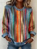 Women's Abstract Print Patchwork Denim Crewneck Long-Sleeved Sweatshirt