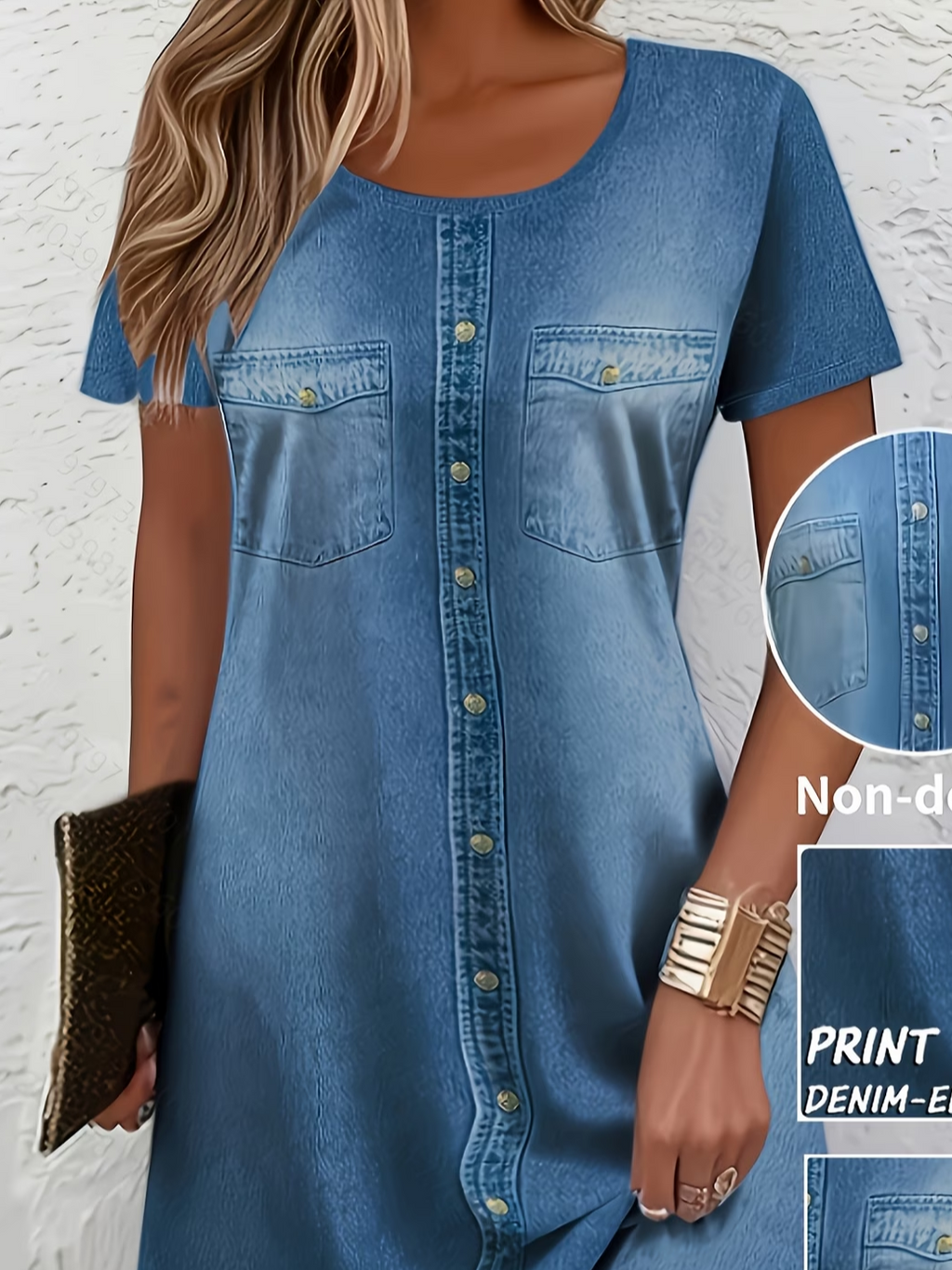 Women's Short Sleeve Summer Blue Faux Denim Print Graphic Printing Crew Neck Daily Going Out Casual Midi A-Line T-Shirt Dress Dress