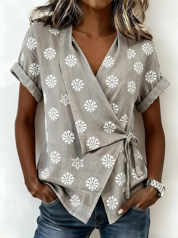 Cotton And Linen Botancial Floral Printed Wrap Detail V Neck Short Sleeve Irregularly Shaped Hem Vintage Casual Blouse