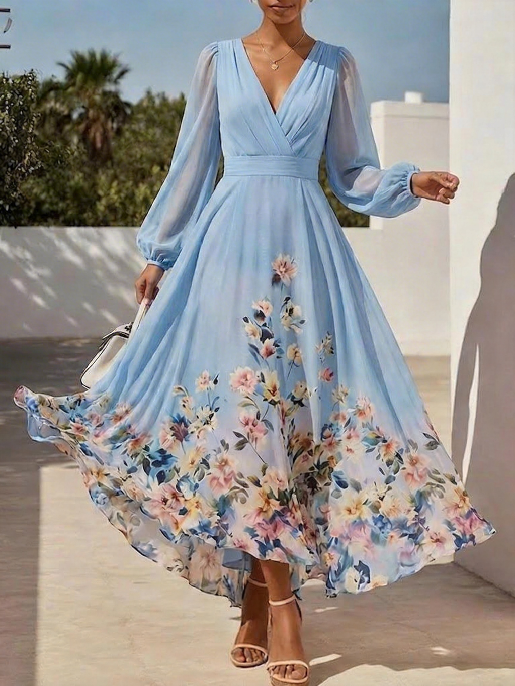 Regular Fit Elegant Floral V Neck Dress With No