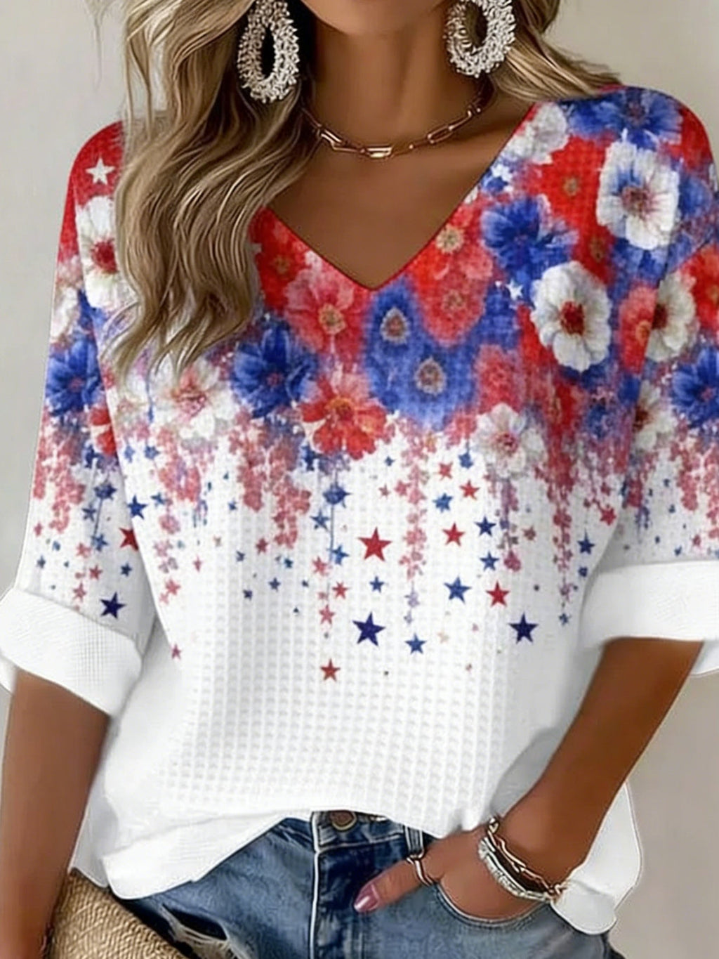 3D Printing V Neck America Flag Floral 250th Anniversary Spring Summer Casual T-Shirt