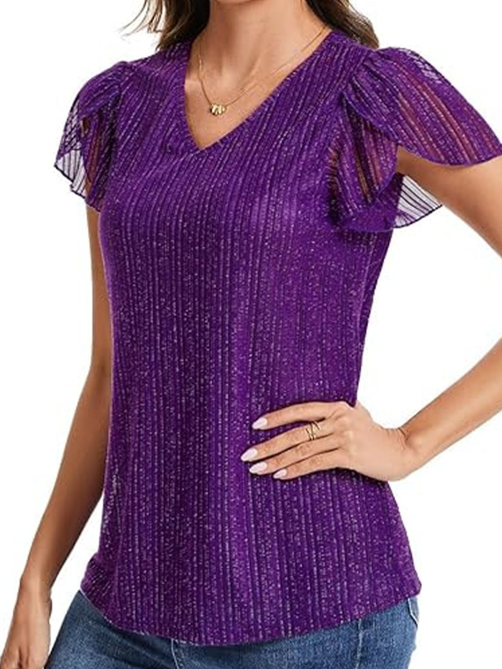 Women's Glitter V Neck Short Sleeve Top Summer Going Out Party Elegant T-Shirt