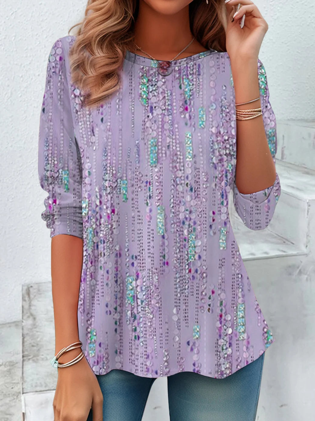 Women's Long Sleeve T-shirt Spring/Fall Purple Abstract Printing Jersey Crew Neck Daily Going Out Casual Top