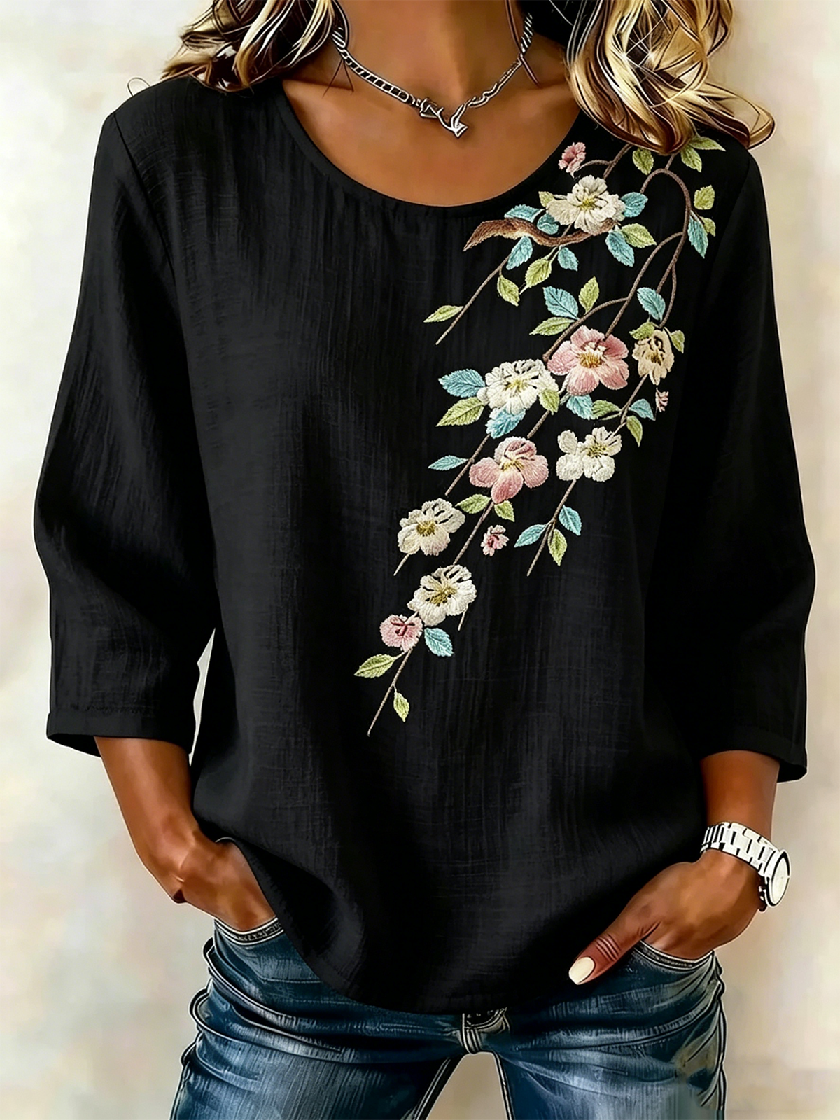 Women’s White Floral Bird Print 3/4 Sleeve Round Neck Boho Blouse