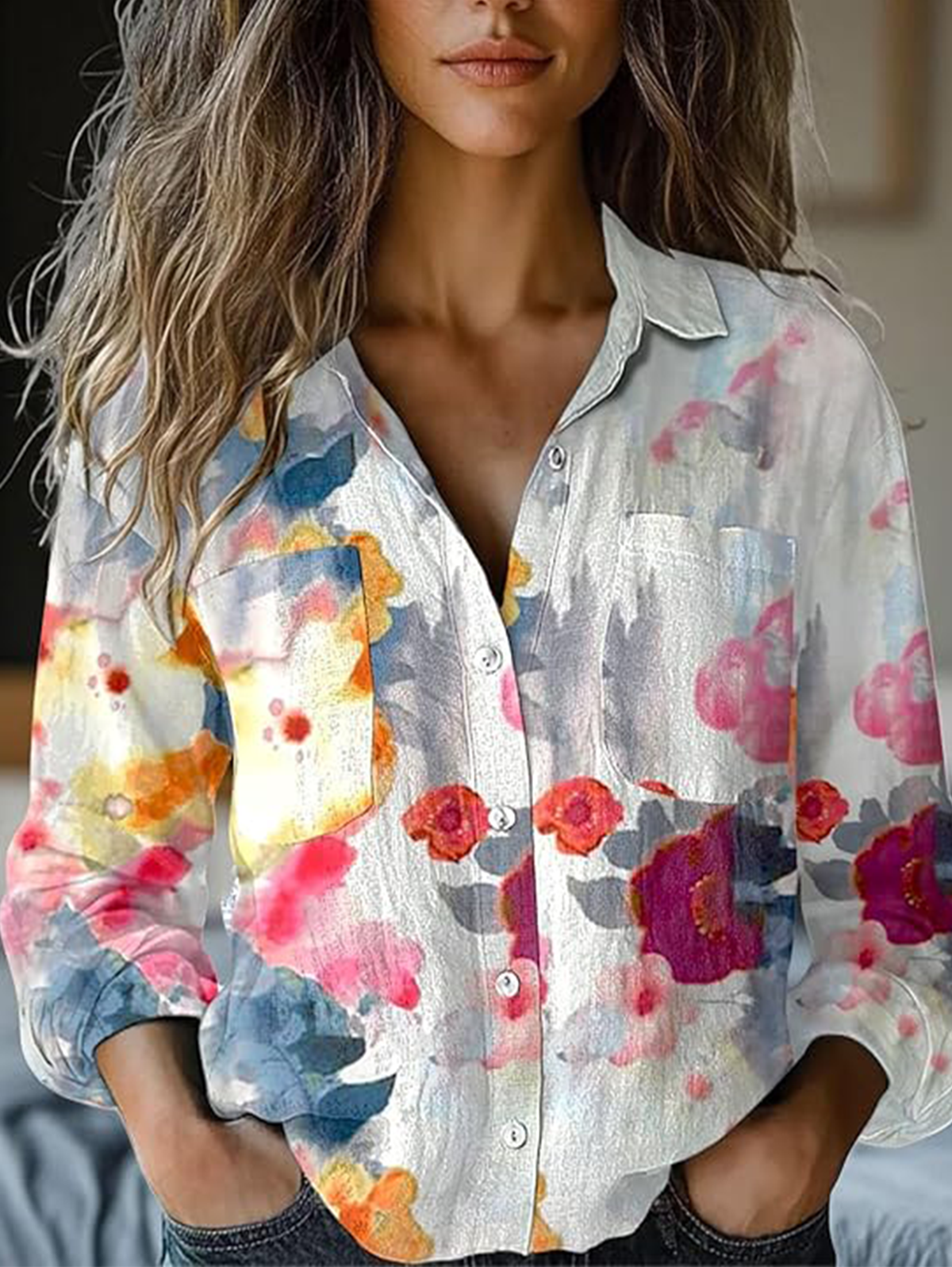 Vintage Cotton Floral Shawl Collar Shirt