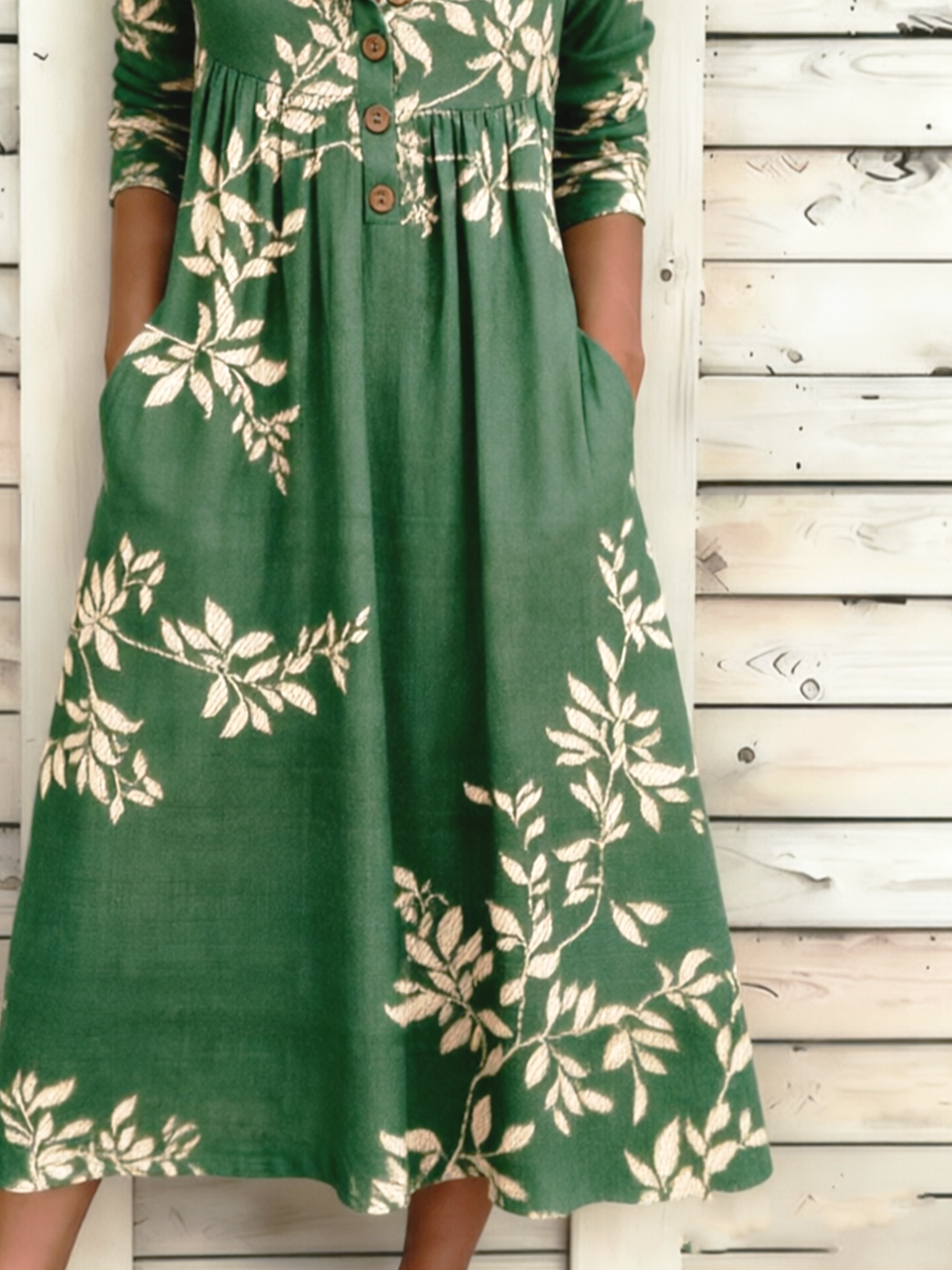 Green Leaf Print Button Down V-Neck 3/4 Sleeve Maxi Dress