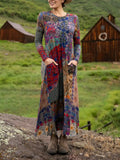 Crew Neck Loose Boho Multicolor Block Dress With No