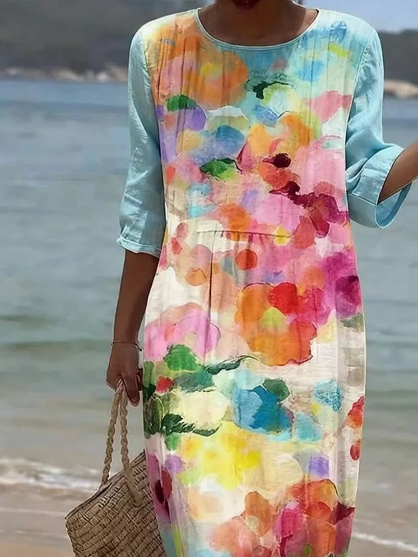 Others Linen Blend Vintage Gradient Pattern Dress With No
