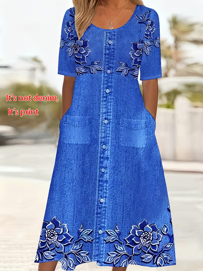 Women's Short Sleeve Summer Pink Floral Printing Crew Neck Daily Going Out Casual Maxi H-Line Shift Dress Dress