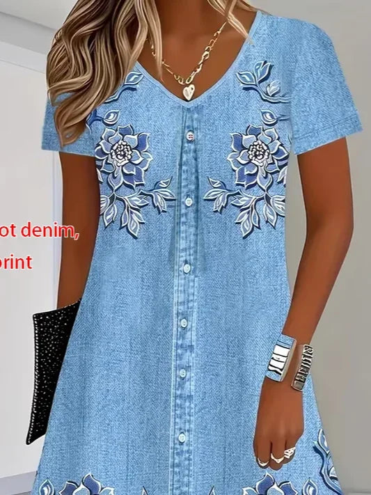 Women's Short Sleeve Summer Blue Floral Printing V Neck Daily Going Out Casual Knee Length H-Line T-Shirt Dress Dress