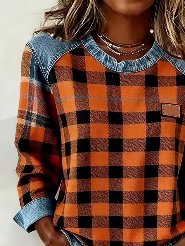 Women's Plaid Print Patchwork Denim Crewneck Long-Sleeved Sweatshirt