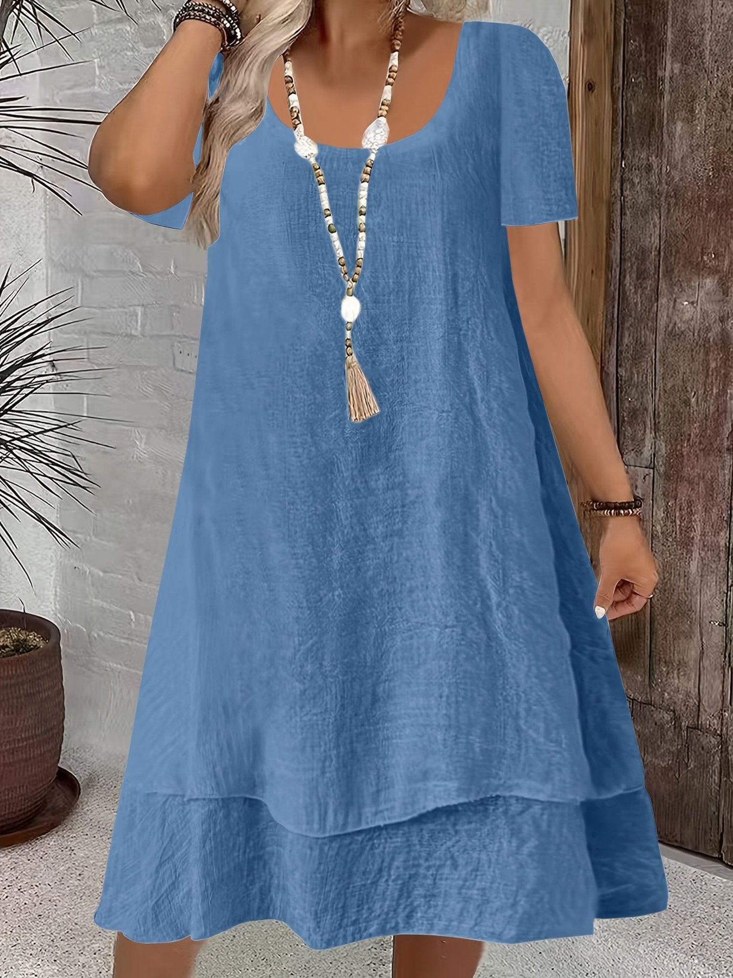 Casual Plain Crew Neck Midi Dress