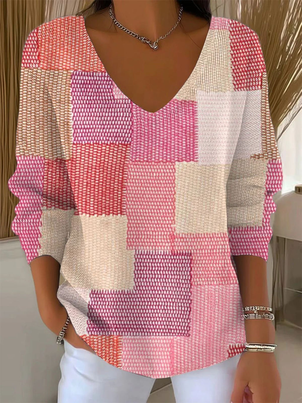 V Neck Casual Colorblock Sweater