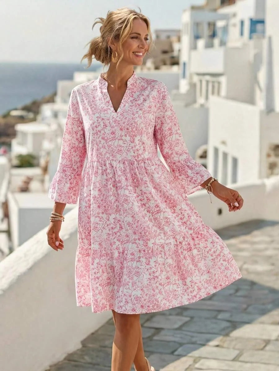 Elegant Floral V Neck 3/4 Sleeve Ruffle Tiered Mini Dress Casual Summer Flowy dress