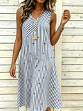 Women’s Vertical Stripe Heart Print Sleeveless V Neck Midi Dress Casual Boho Sundress