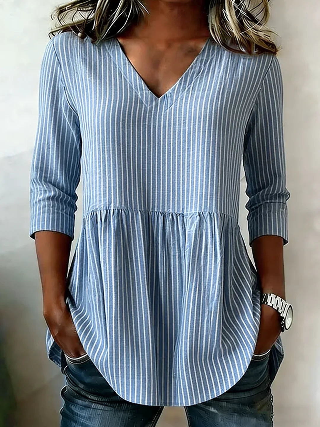 Women's V-Neck Striped Shirt with Pockets and Long Sleeves