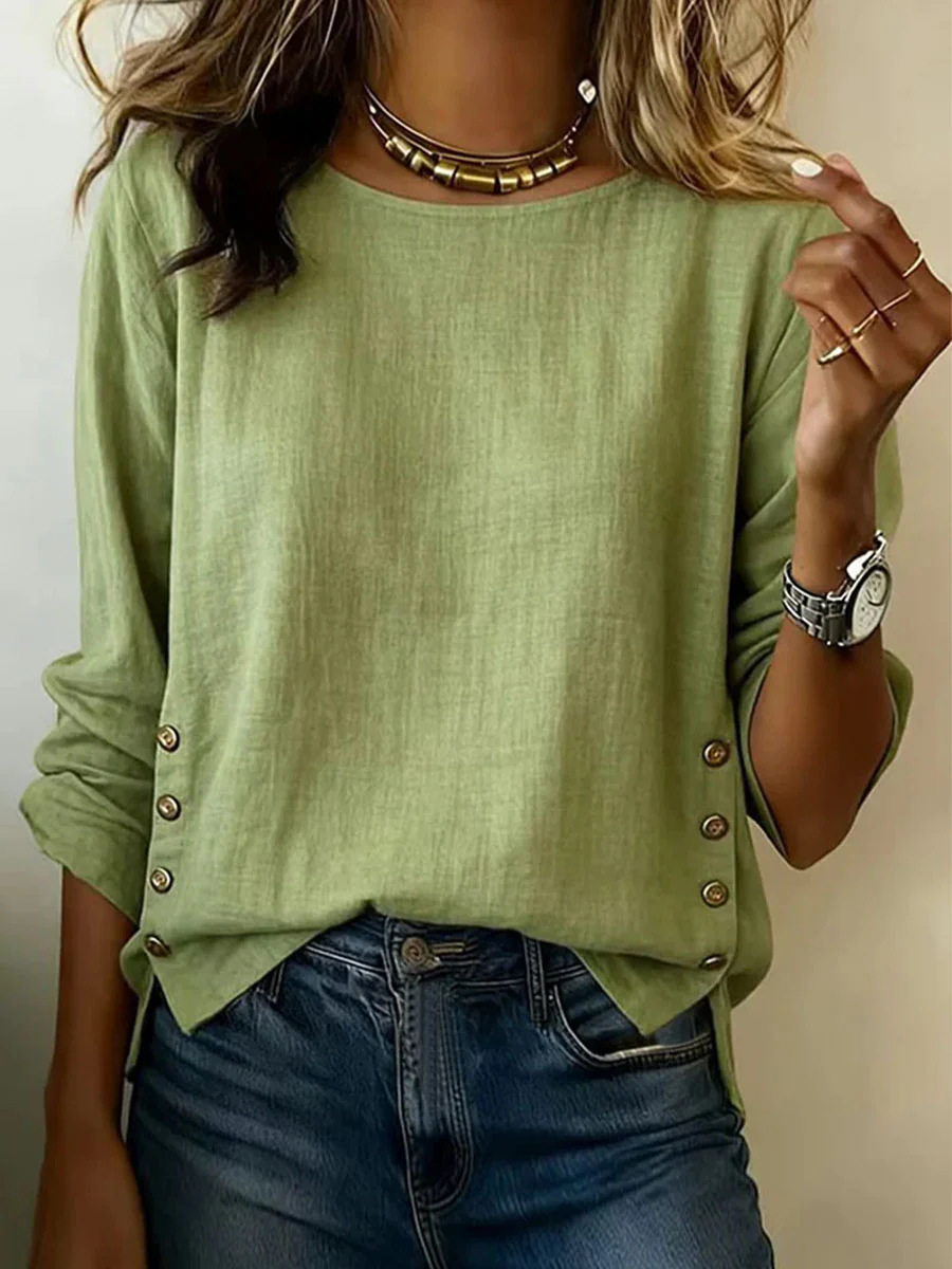 Cotton Linen Vintage Plain Round Neck Button Casual Top