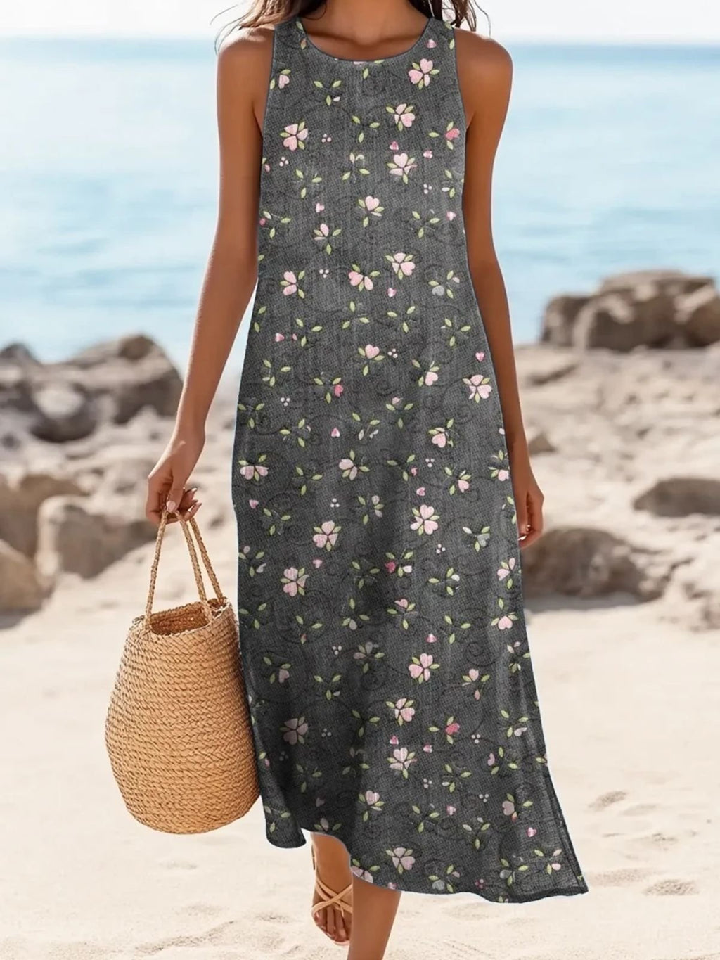 Women’s Charcoal Floral Print Sleeveless Round Neck Maxi Boho Beach Dress