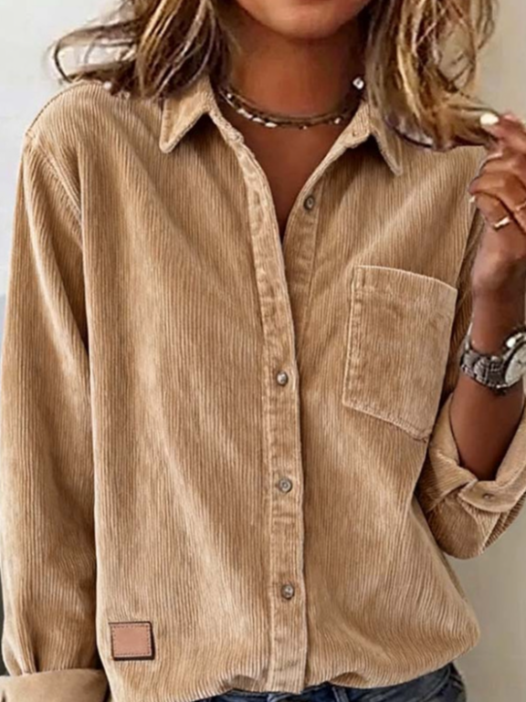 Women's Long Sleeve Shirt Spring/Fall Camel Plain Split Joint Polyester Cotton Shawl Collar Daily Going Out Casual Top