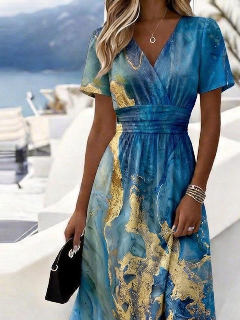 Elegant Chevron V Neck Regular Fit Dress With No