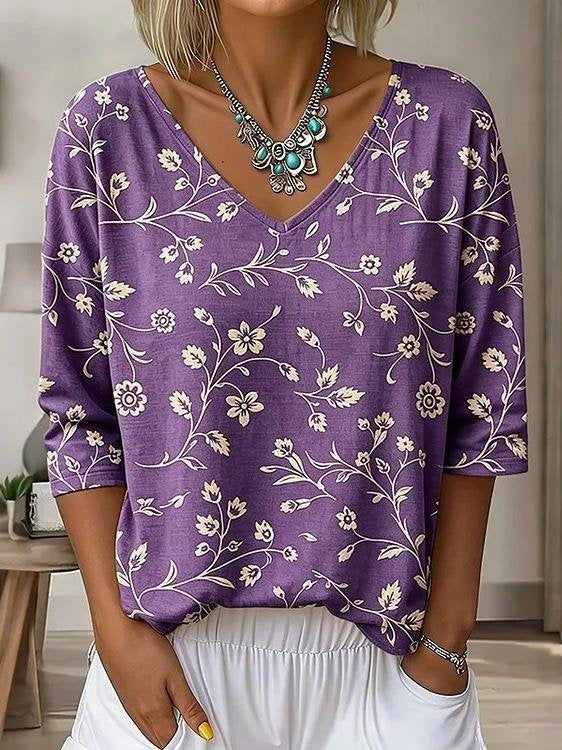 Floral V Neck Vintage T-Shirt