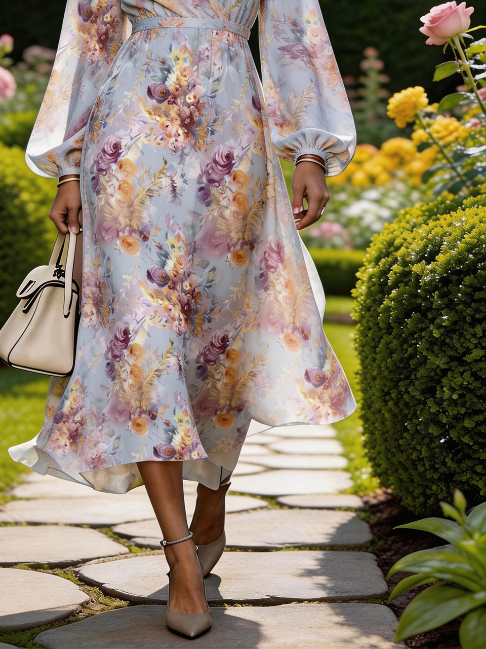 Elegant Loose Balloon Sleeve Floral Dress With No