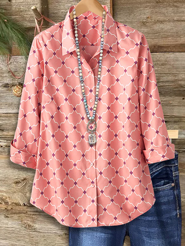Women's Long Sleeve Shirt Spring/Fall Pink Abstract Buckle Shirt Collar Regular Sleeve Daily Going Out Casual Top