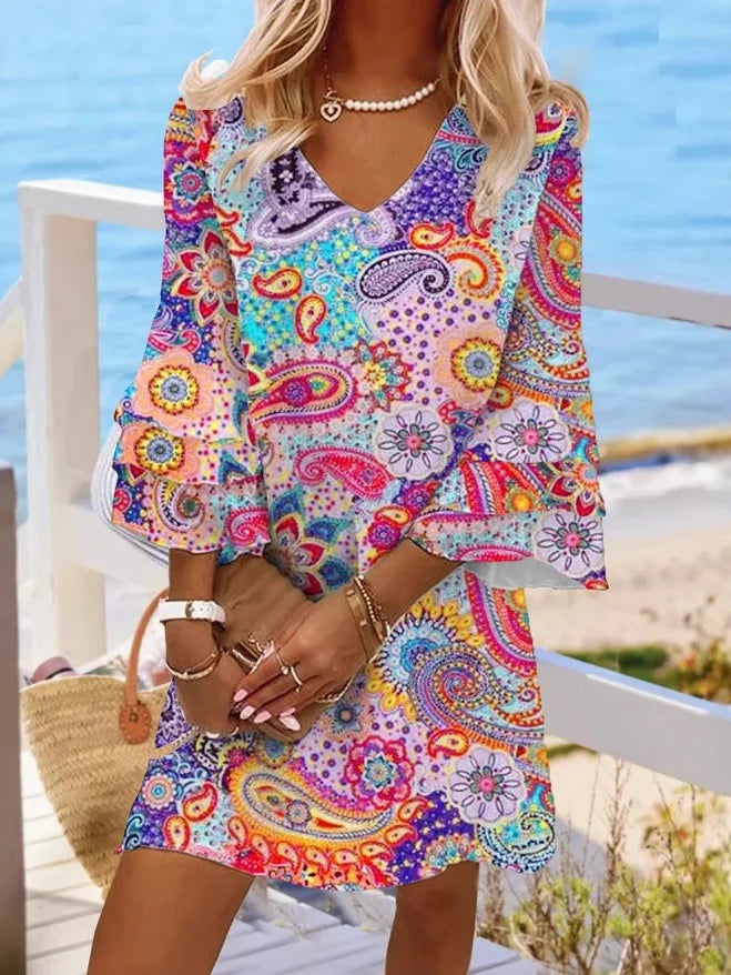 Vibrant Boho Paisley Floral Tiered Sleeve Mini Dress - V Neck Summer Beach dress