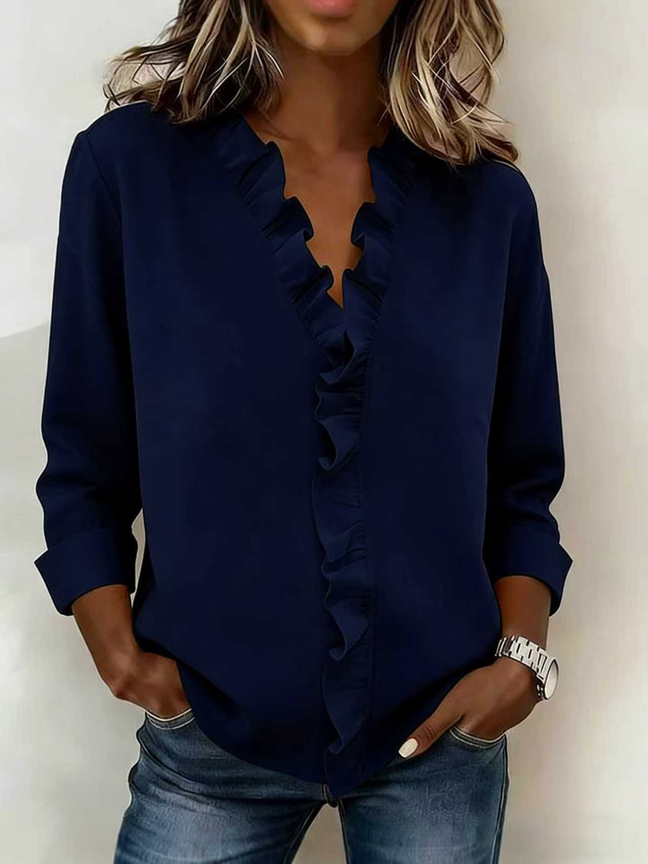 Women's Solid Color V-Neck Blouse with Ruffle Trim Long Sleeve Casual Top