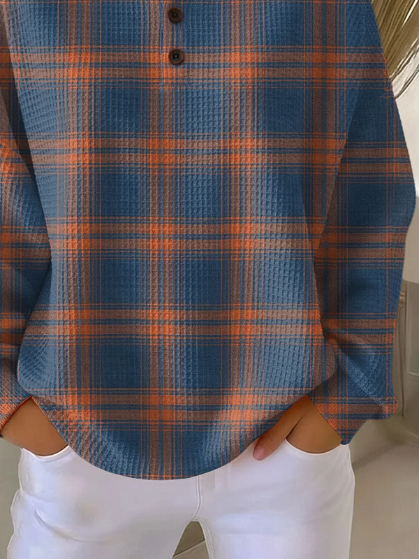 Women's Plaid Print Button-Up Casual Waffle Knit Sweatshirt