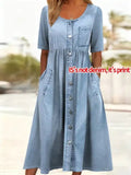 Vintage Crew Neck Loose Faux Denim Print Graphic Dress With No