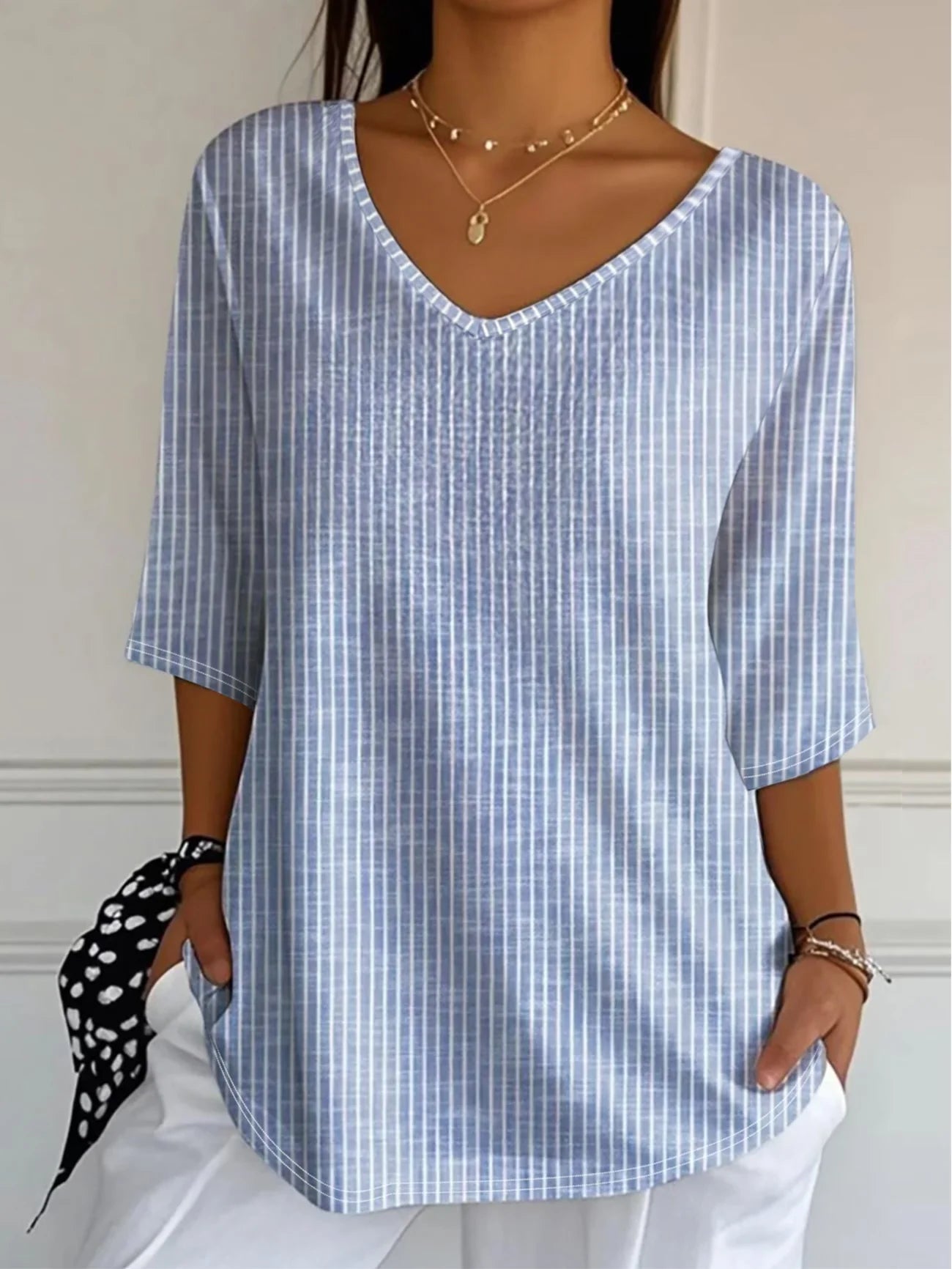 Women's Three Quarter Sleeve T-shirt Spring/Fall Blue Striped Printing V Neck Daily Going Out Casual Top
